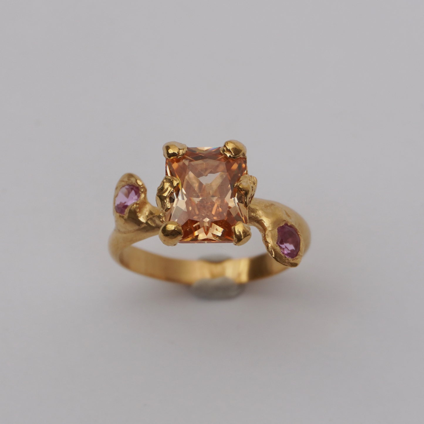 Golden Ring with Champagne Centerpiece and Pink Accents - Unique Piece