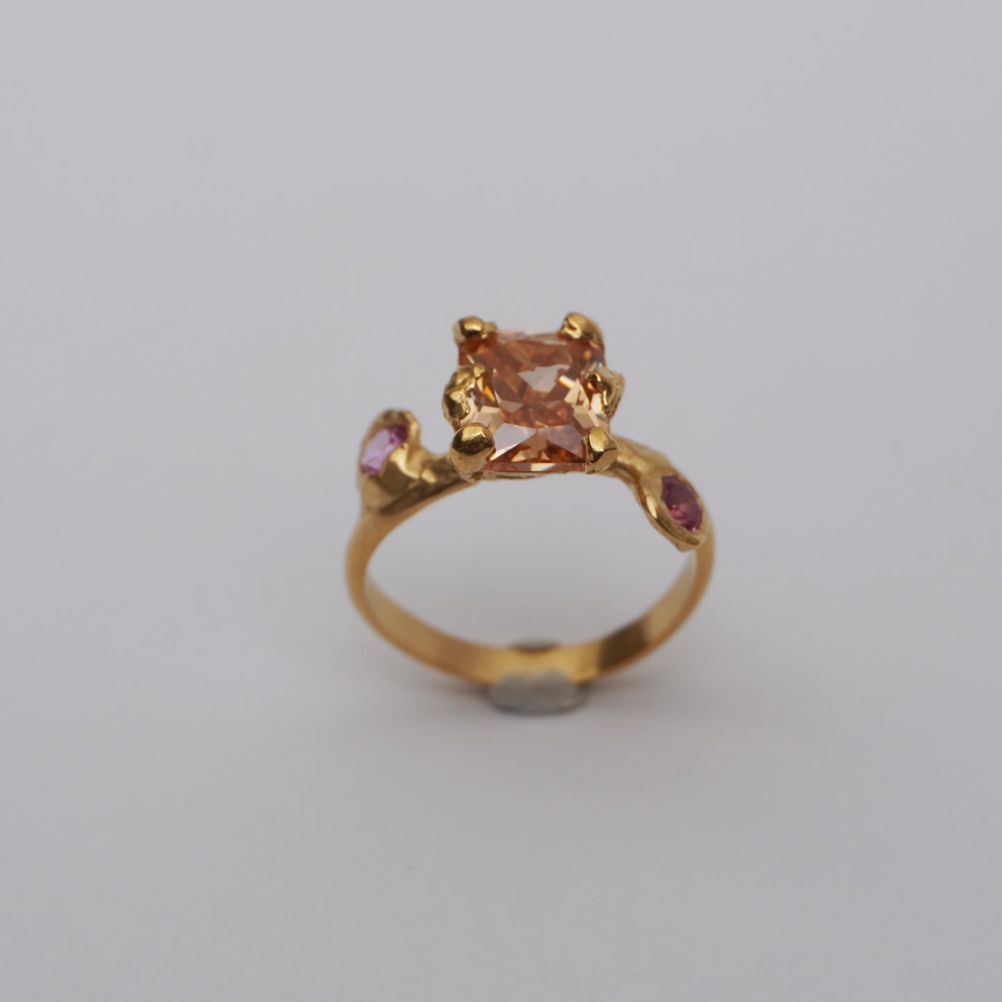 Golden Ring with Champagne Centerpiece and Pink Accents - Unique Piece