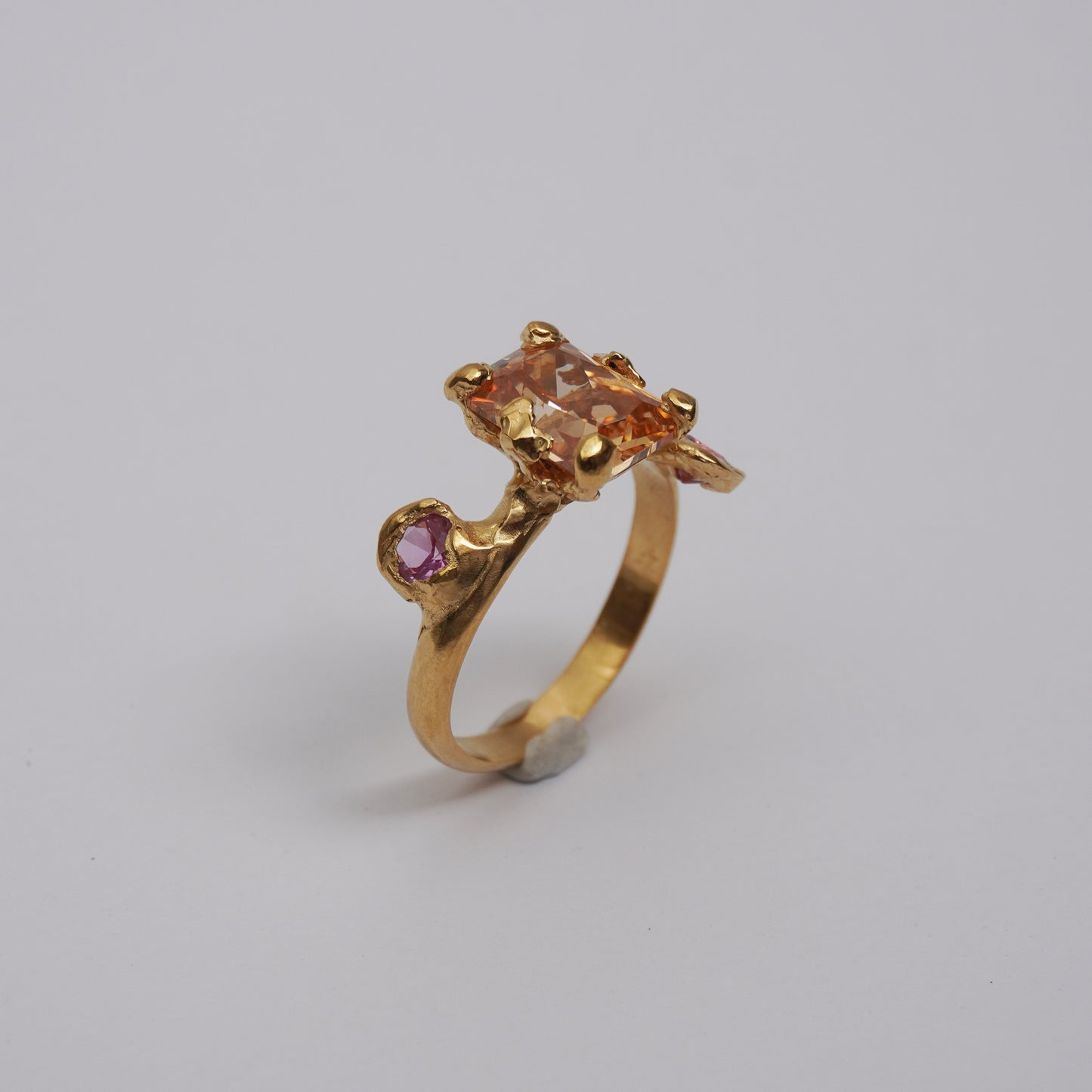 Golden Ring with Champagne Centerpiece and Pink Accents - Unique Piece