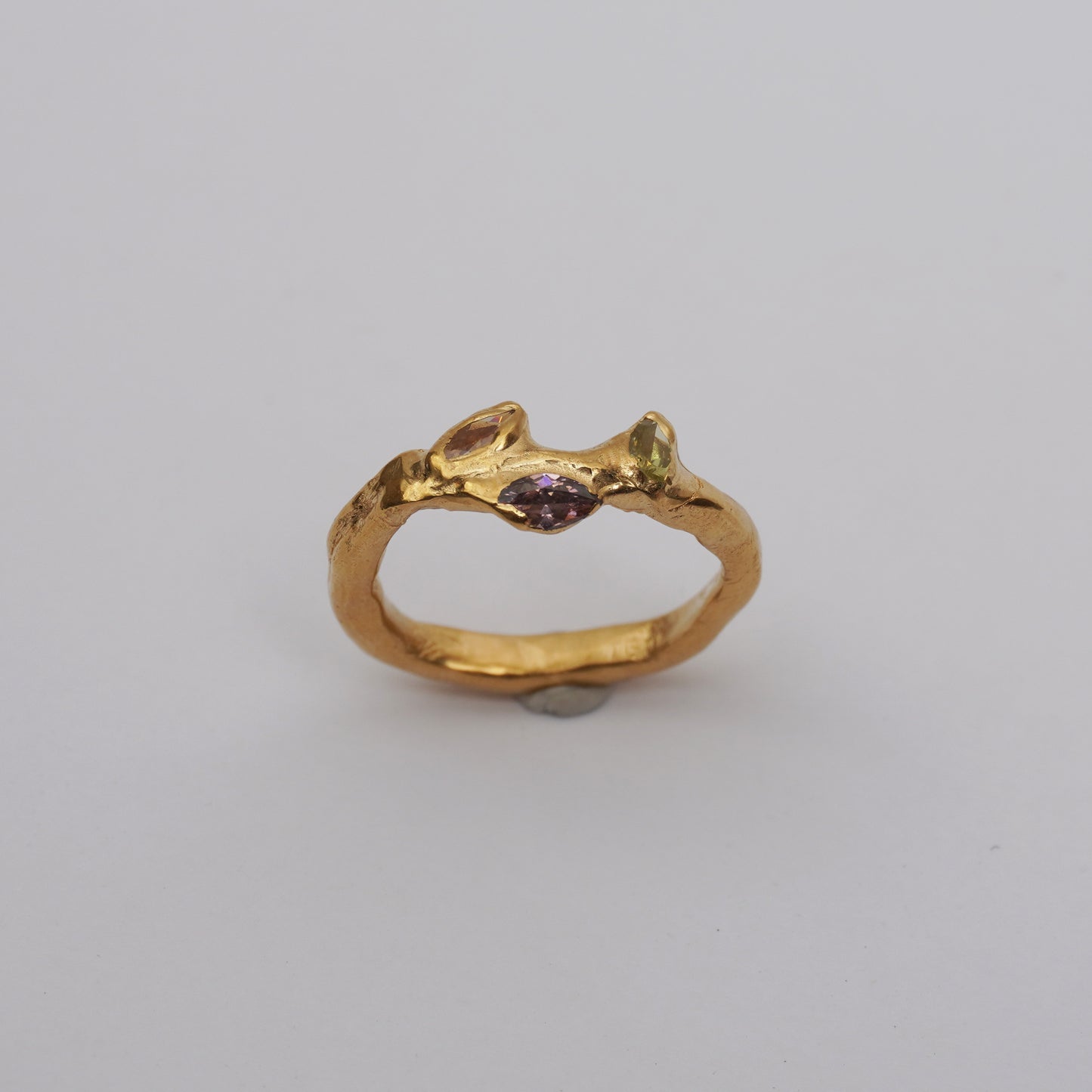 Gold Organic Ring with Three Stones – Unique Piece