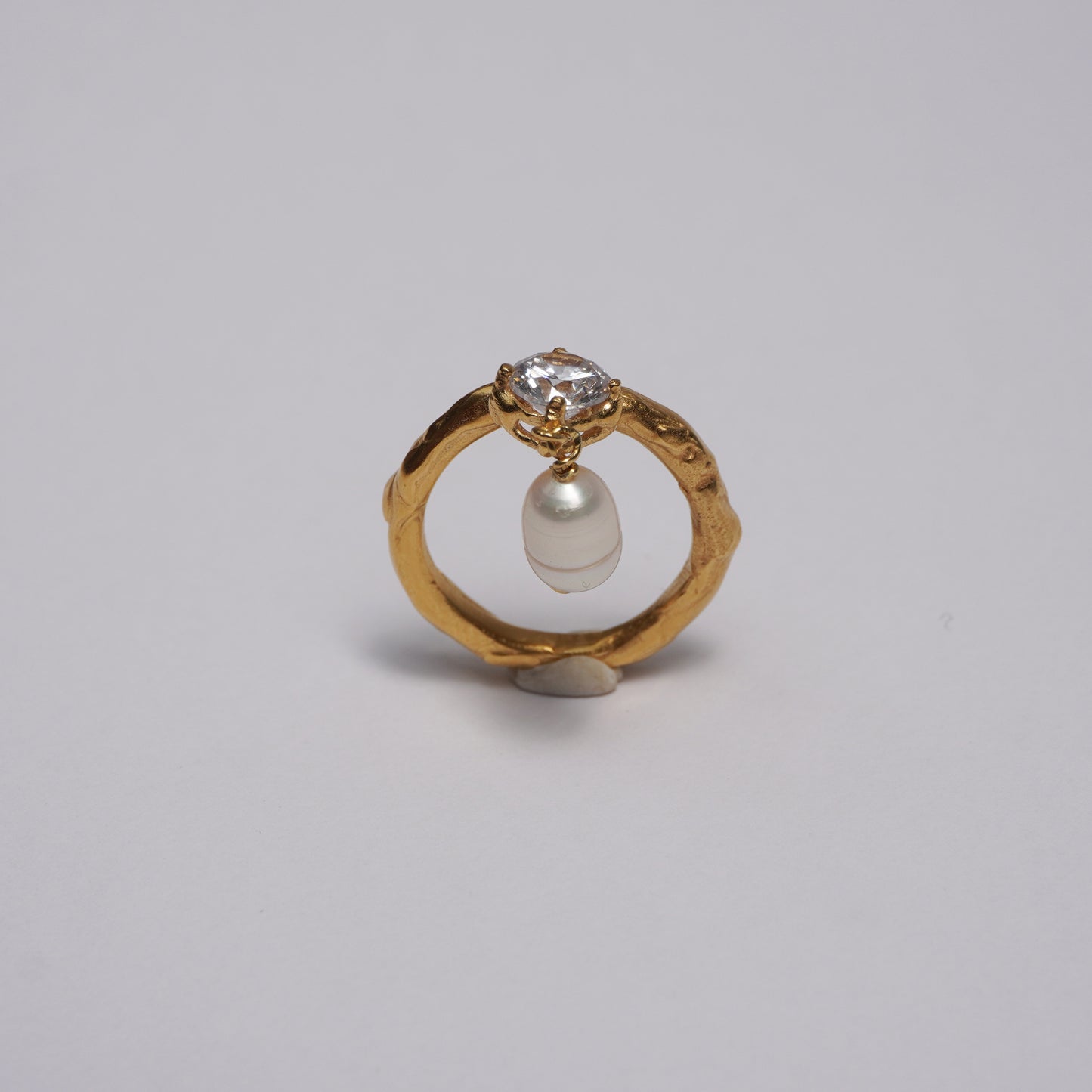 Gold Ring with Clear Stone and Pearl Drop – Unique Piece