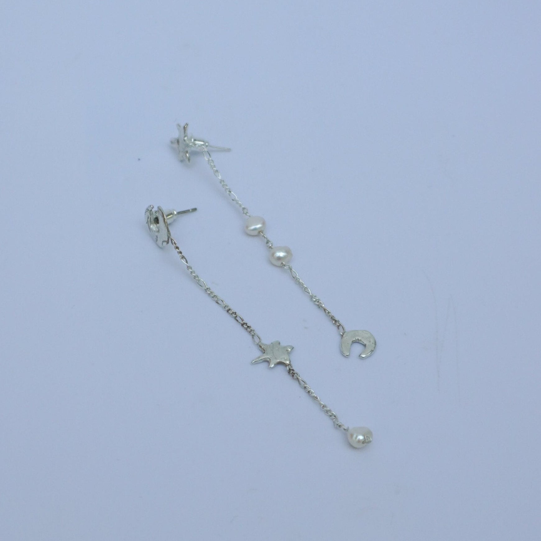 Bagliore notturno drop earrings small - silver, pearls, star, moon, handmade