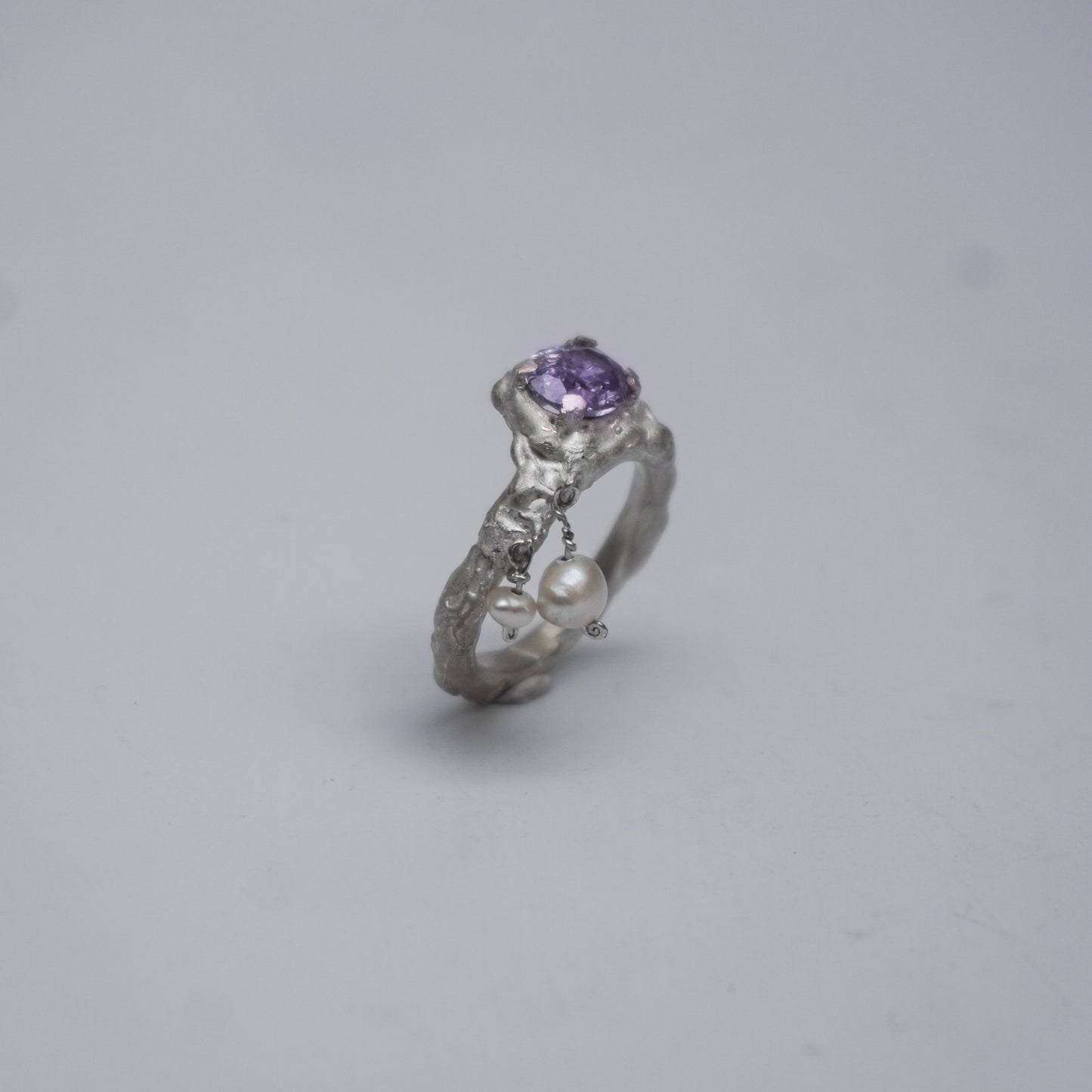 Silver Sculptural Ring with Violet Stone and Pearls – Unique Piece