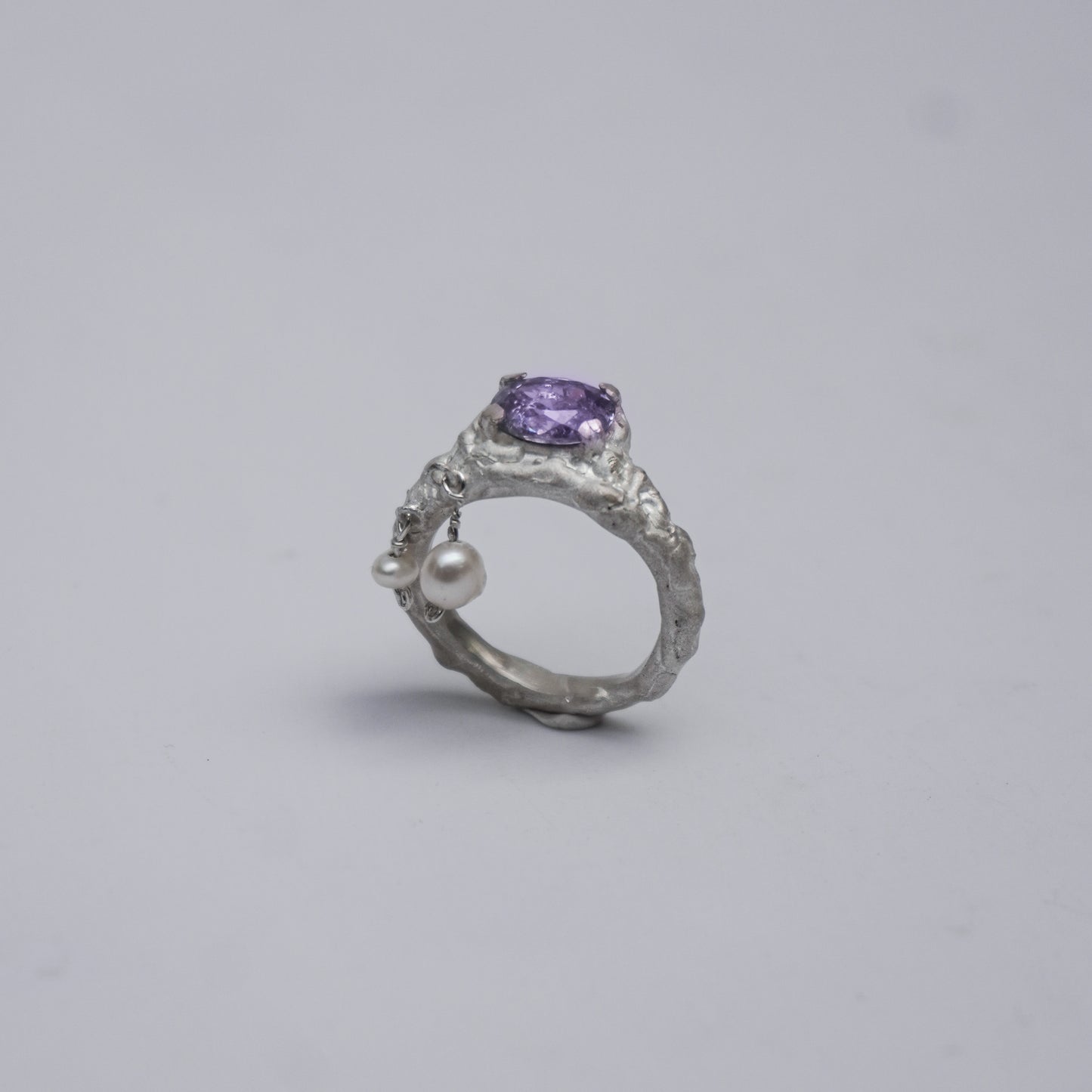 Silver Sculptural Ring with Violet Stone and Pearls – Unique Piece