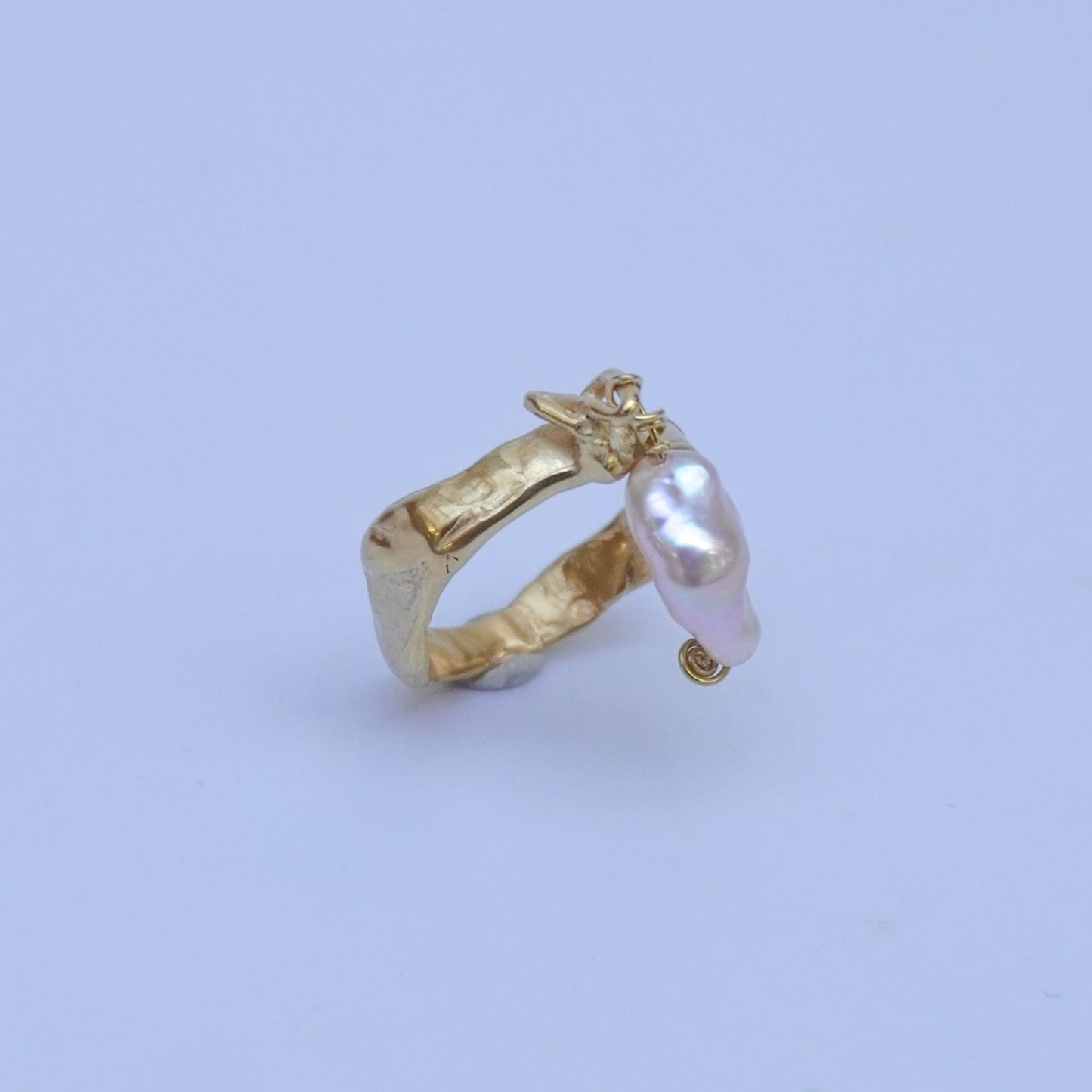 Drop pearl unique artisan handmade ring, gold-plated brass, irregular-shaped