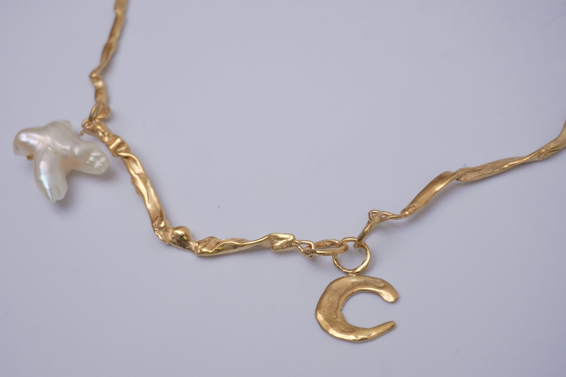 Frammenti di Aurore necklace with pendants, pearl and moon, gold-plated, handmade