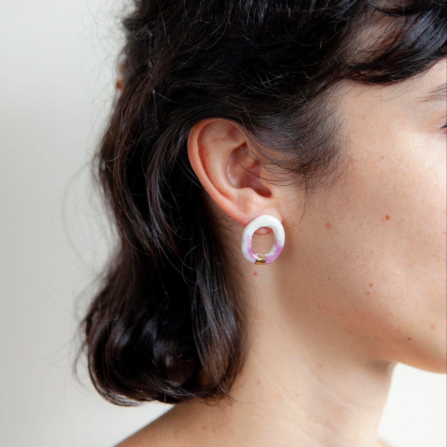 youthful innocence porcelain earring gold luster pink white hoop stud