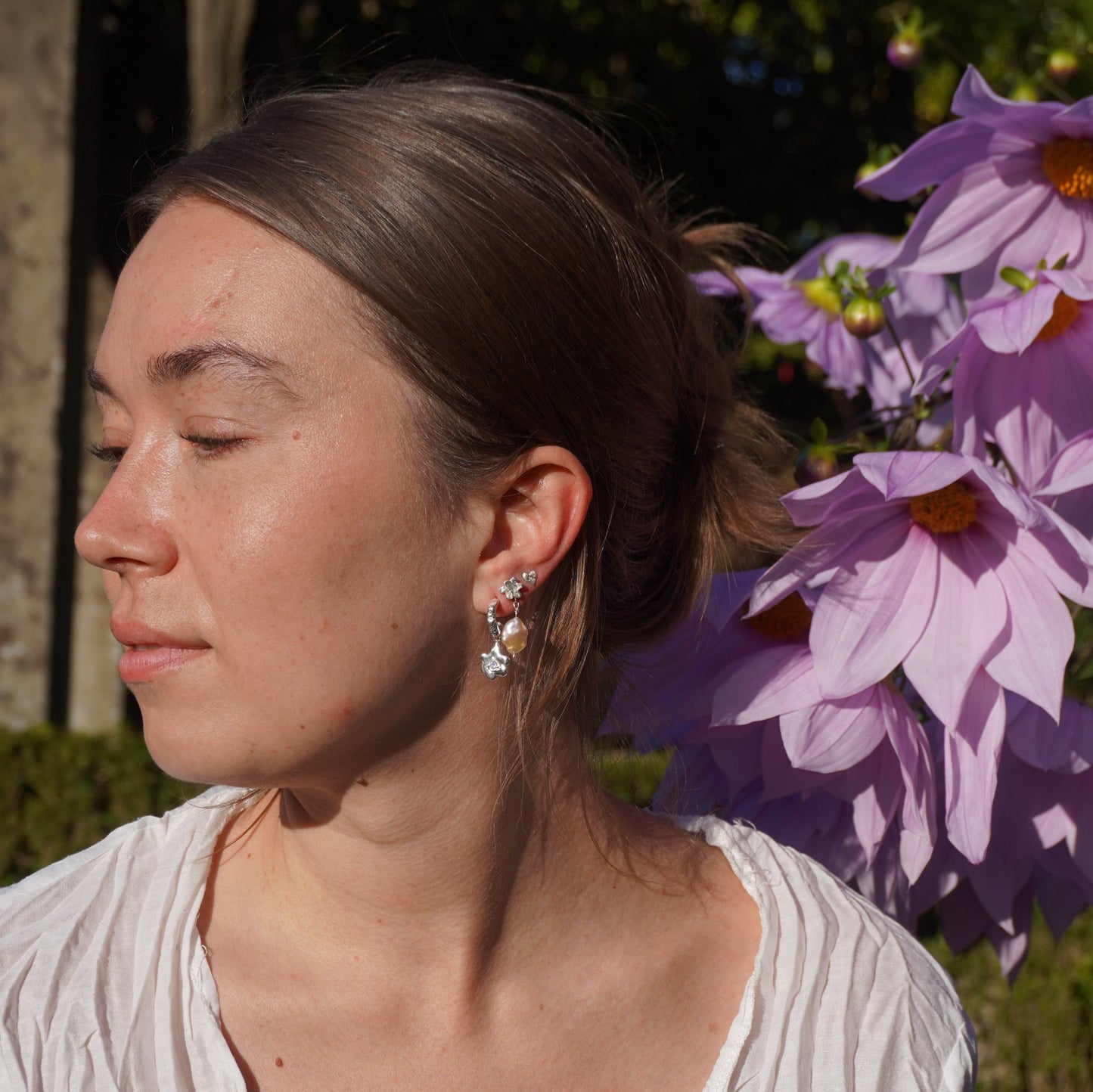 organic silver flower stud earring love pearl pendant