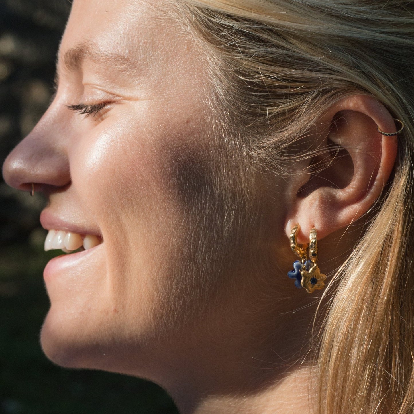 organic gold hoop earring flower porcelain pendant stone blue