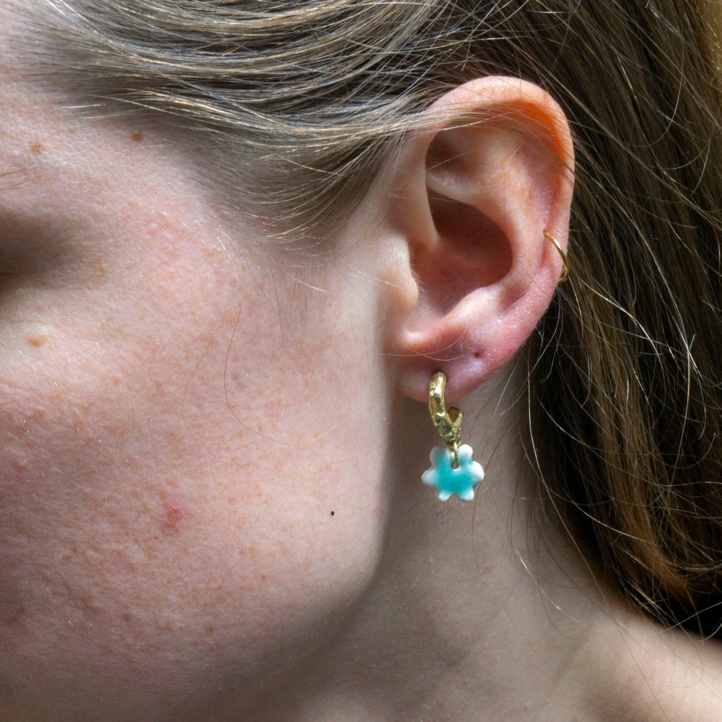organic gold hoop earring porcelain flower pendant turquoise
