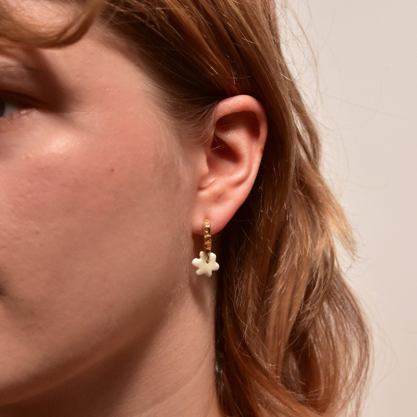 organic gold hoop earring flower porcelain white