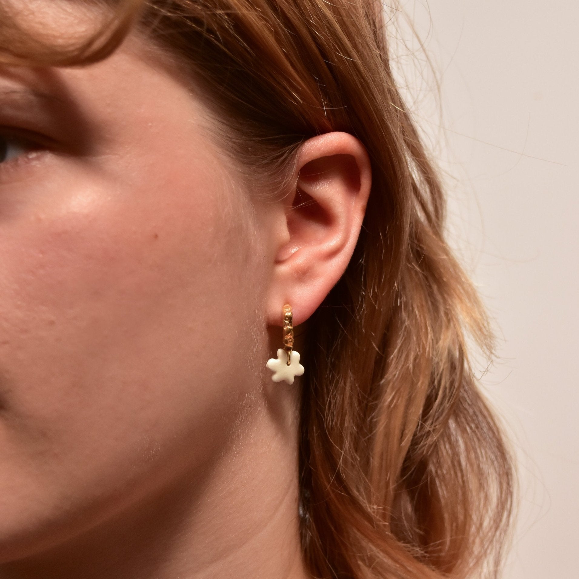 organic gold hoop earring flower porcelain white