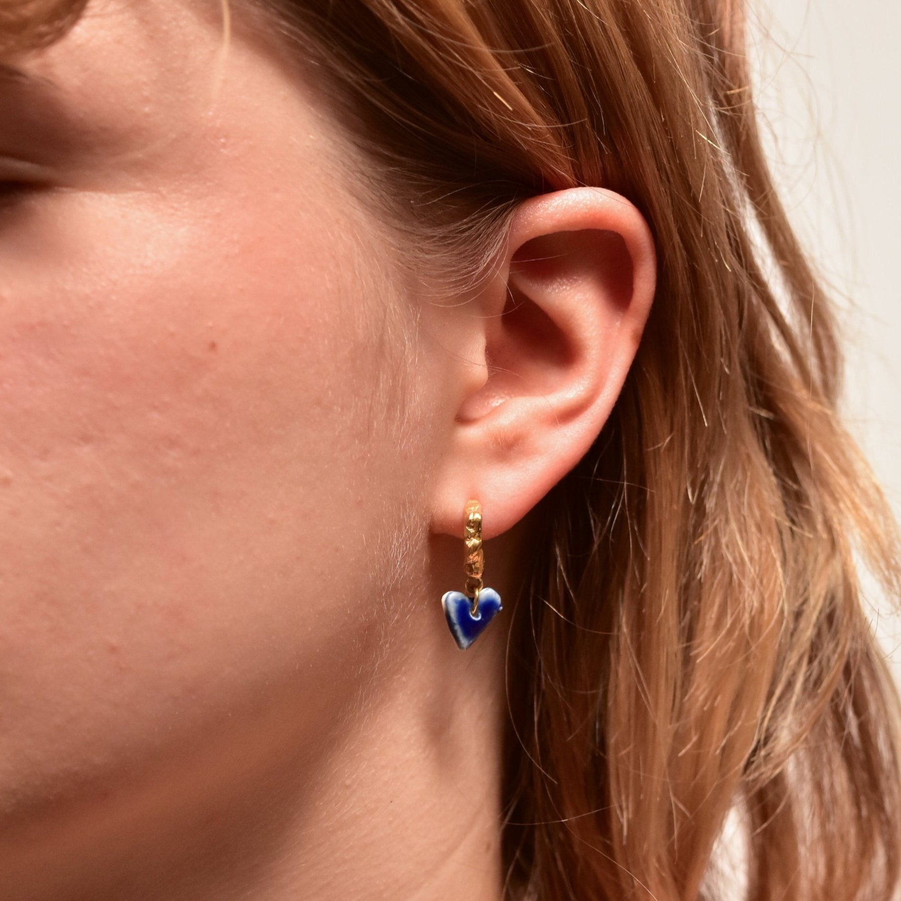 organic gold hoop earring heart porcelain pendant blue