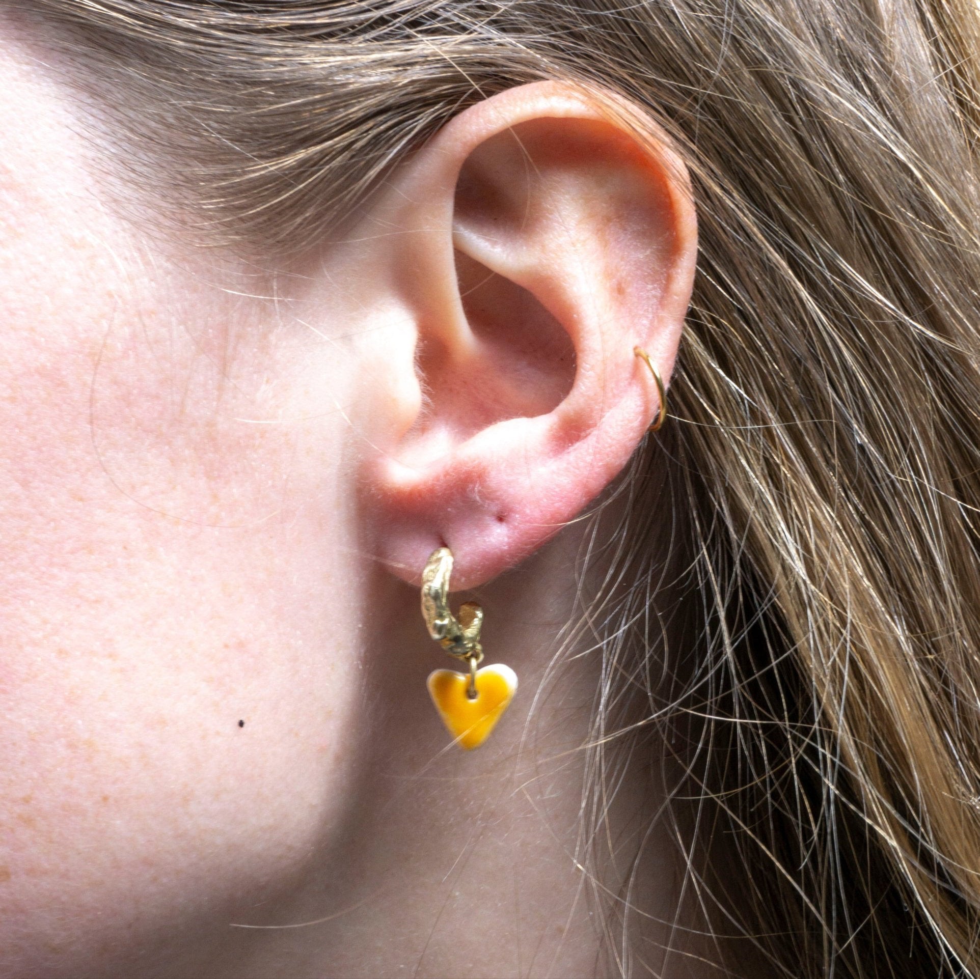 organic gold hoop earring heart porcelain pendant orange