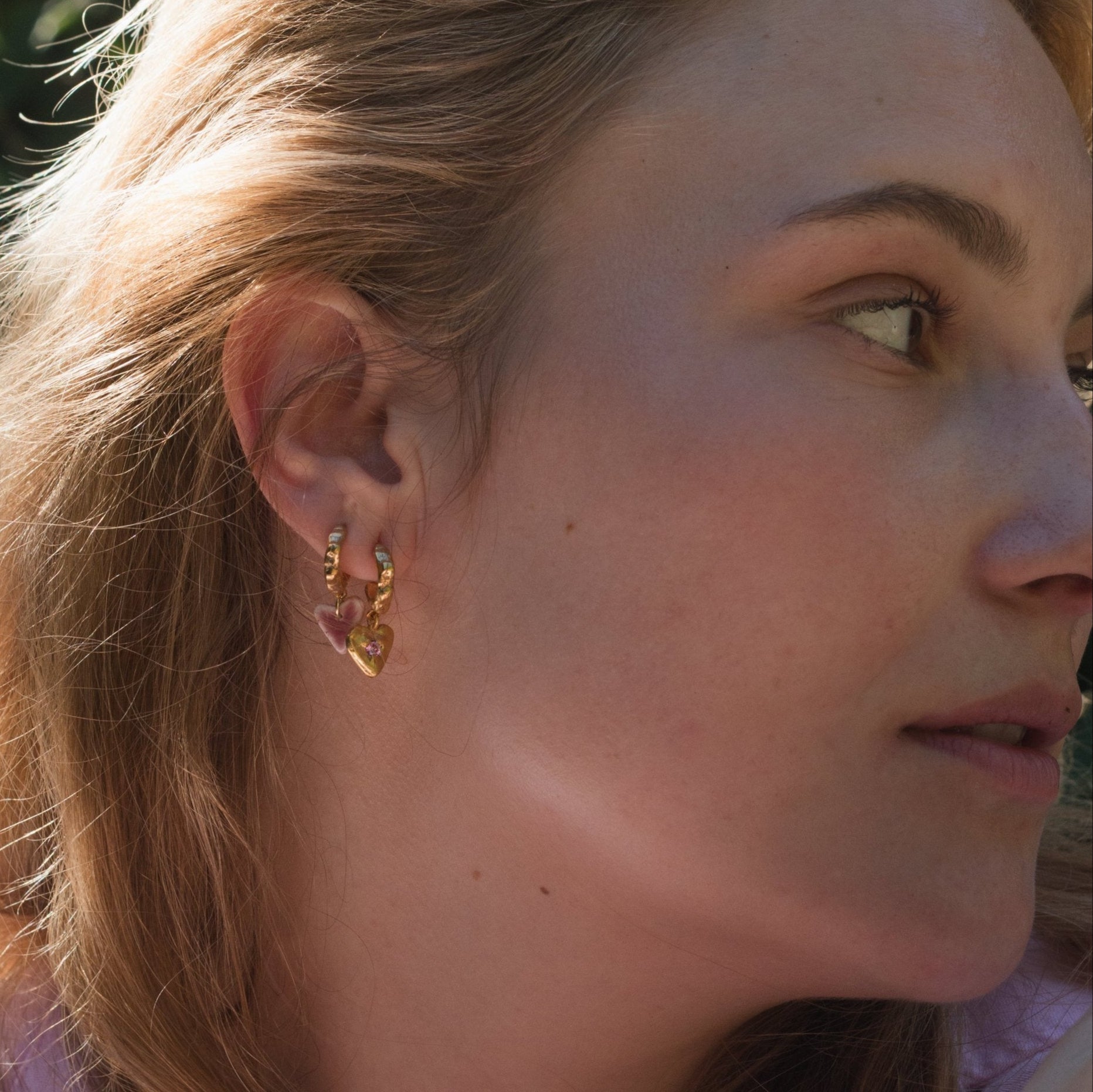 organic gold hoop earring heart porcelain pendant stone