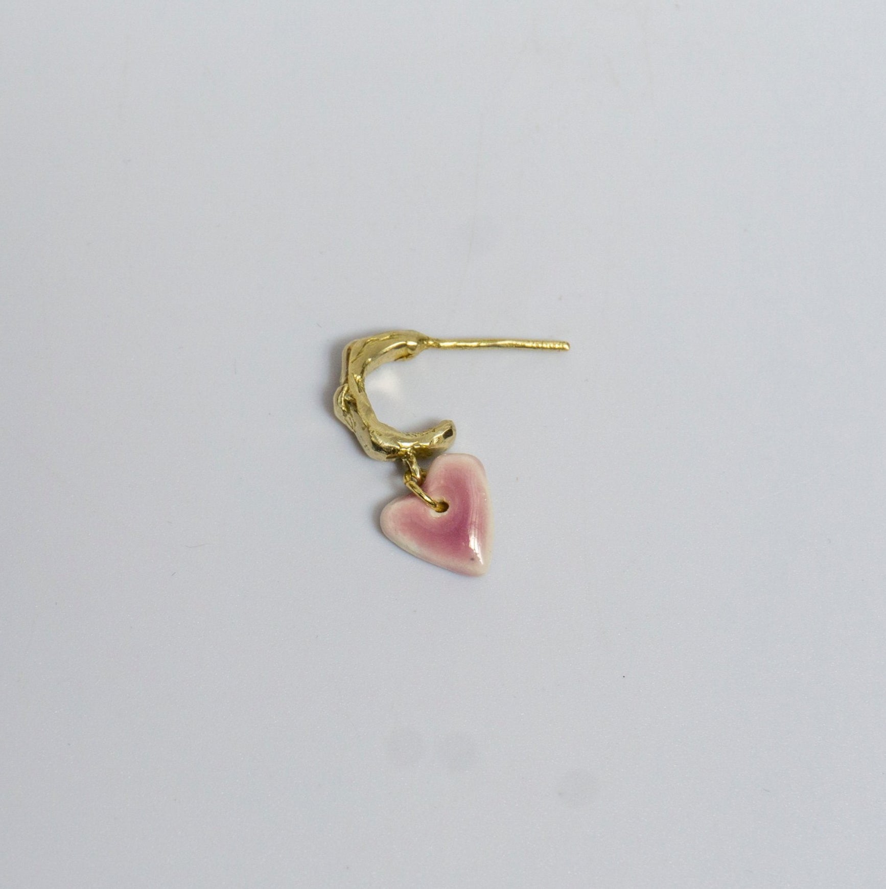 organic gold hoop earring heart porcelain pendant pink