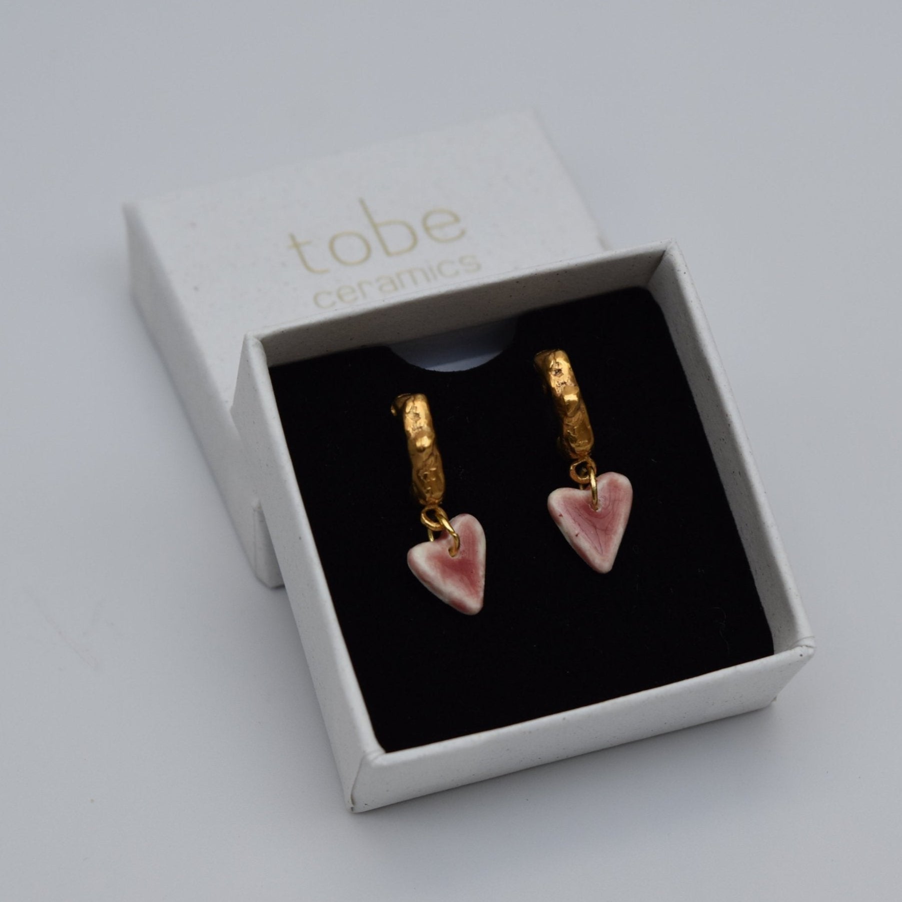 organic gold hoop earring heart porcelain pendant red
