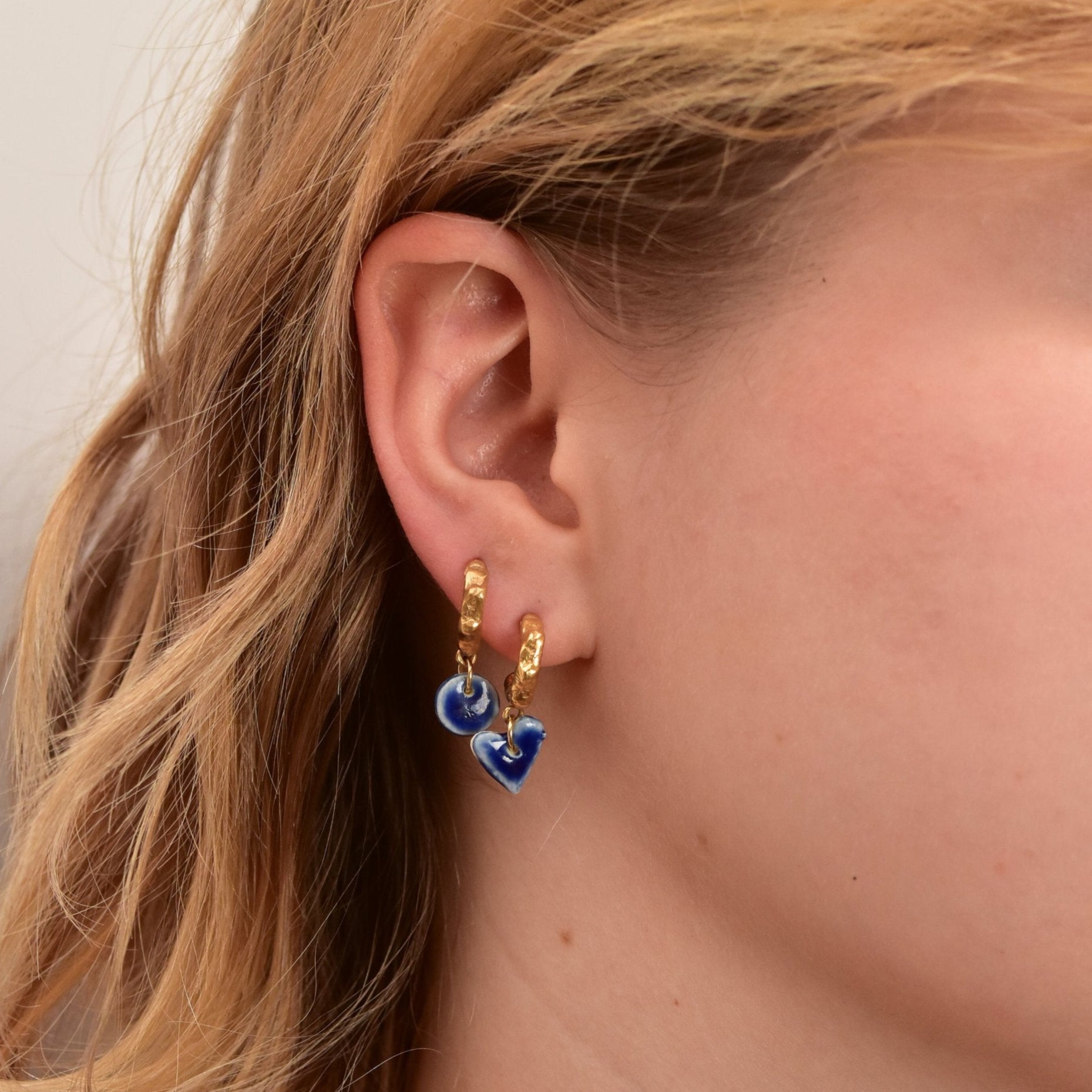 organic gold hoop earring porcelain pendant round heart blue