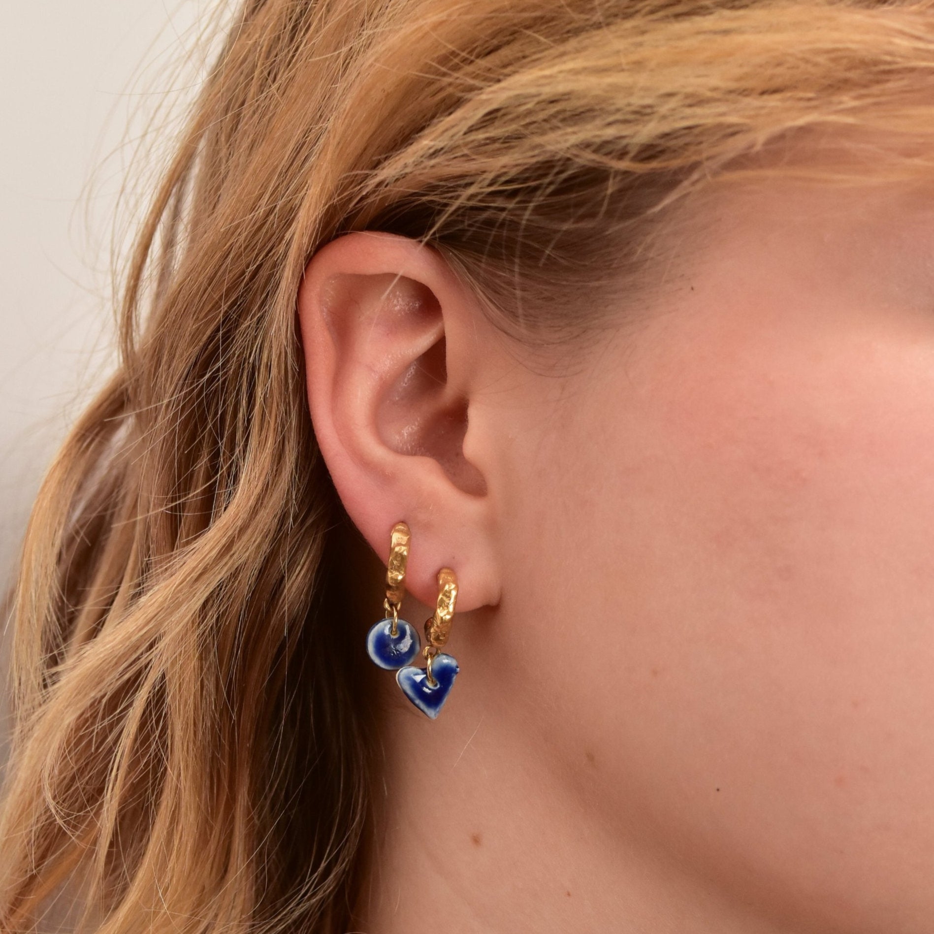 organic gold hoop earring round heart porcelain pendant blue