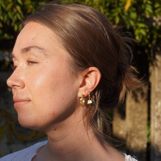 organic gold hoop earring round porcelain pendant luster