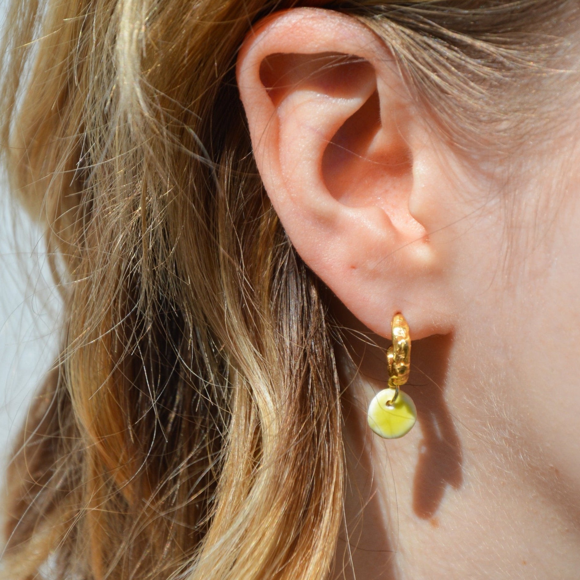 organic gold hoop earring round porcelain pendant yellow