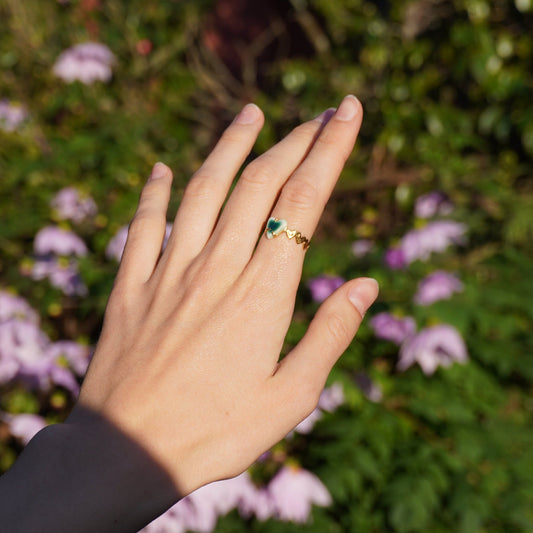 organic gold heart ring love porcelain stone green