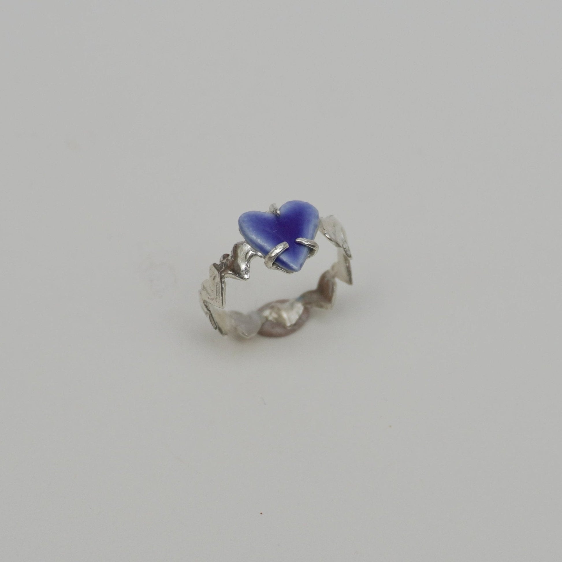 organic silver heart ring love porcelain stone blue