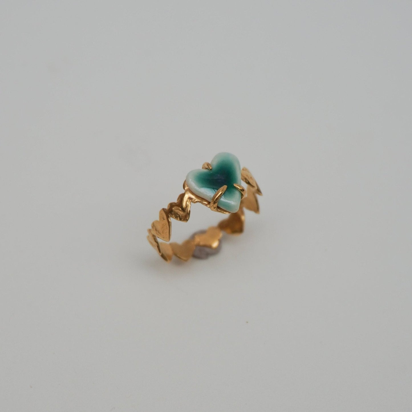 organic gold heart ring love porcelain stone green