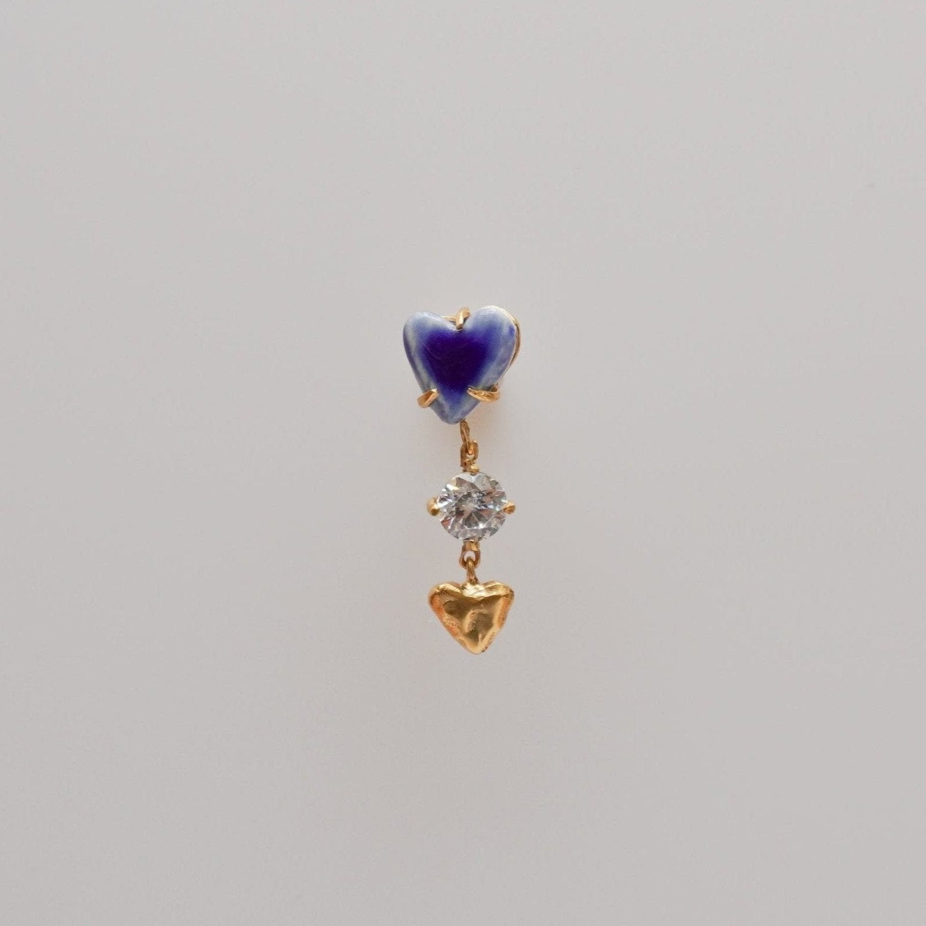 organic love heart gold earring drop stud pendant dangling stone blue