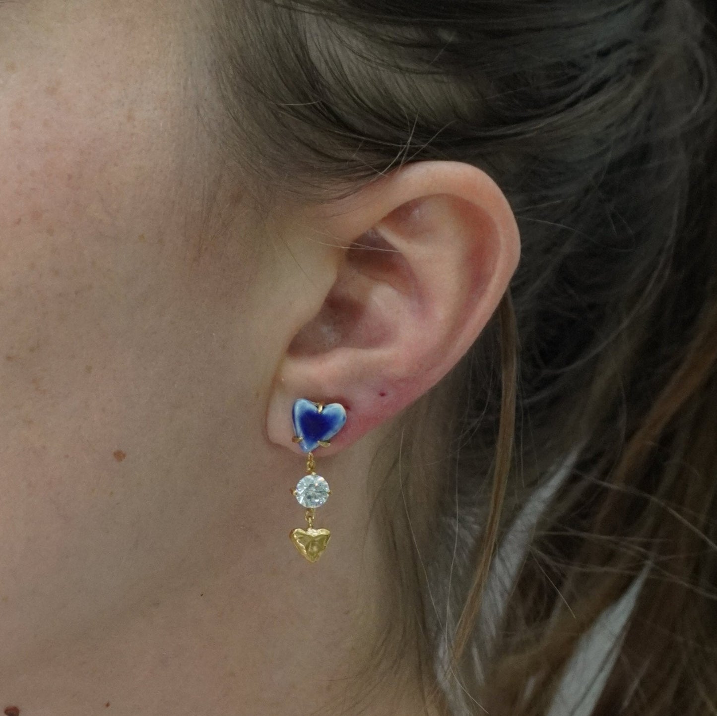 organic love earring drop stud dangling blue stone porcelain heart gold