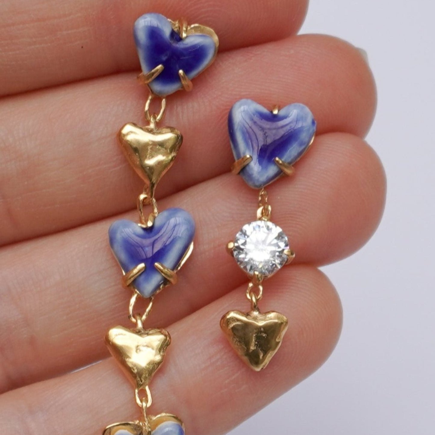 organic love heart earring gold blue porcelain stone dangling drop stud