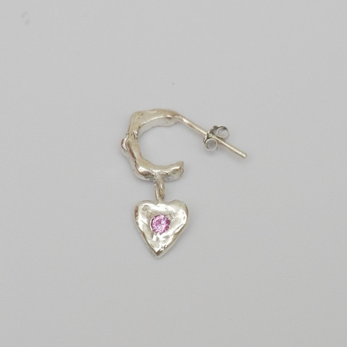 organic silver hoop earring heart pendant stone