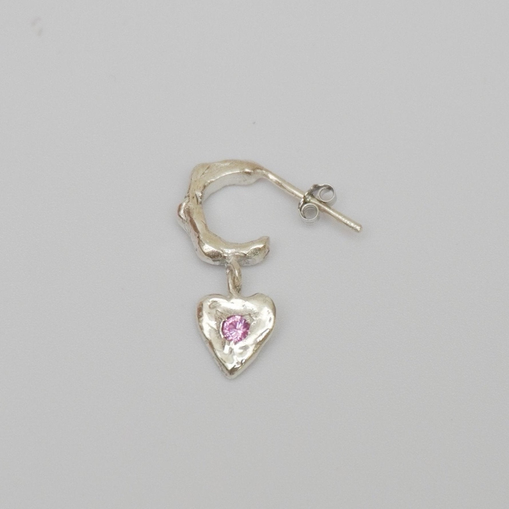 organic silver hoop earring heart pendant stone
