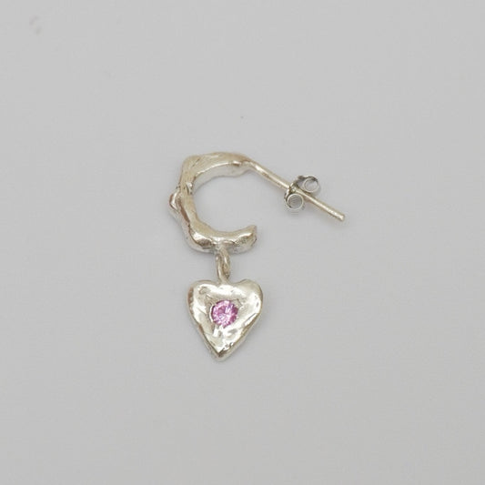 organic silver hoop earring heart pendant stone