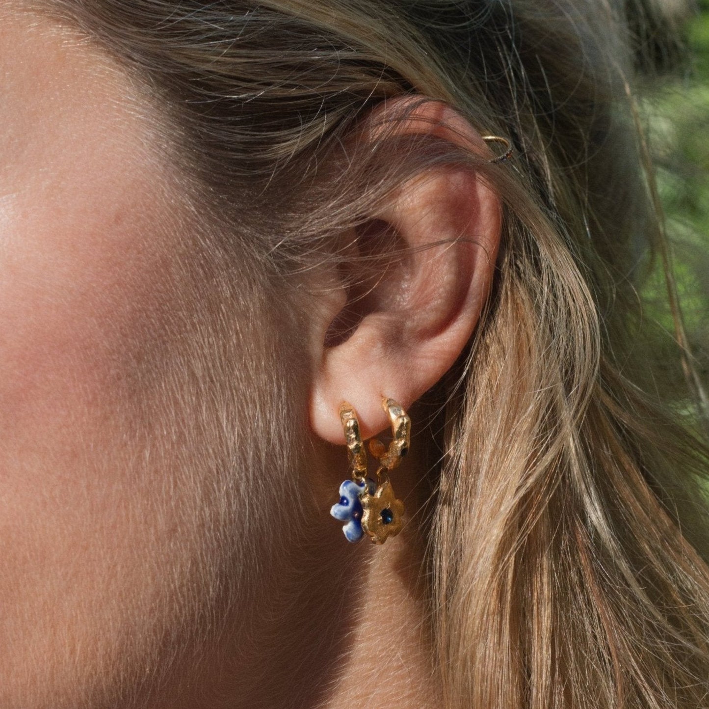 organic hoop gold flower earring porcelain pendant stone