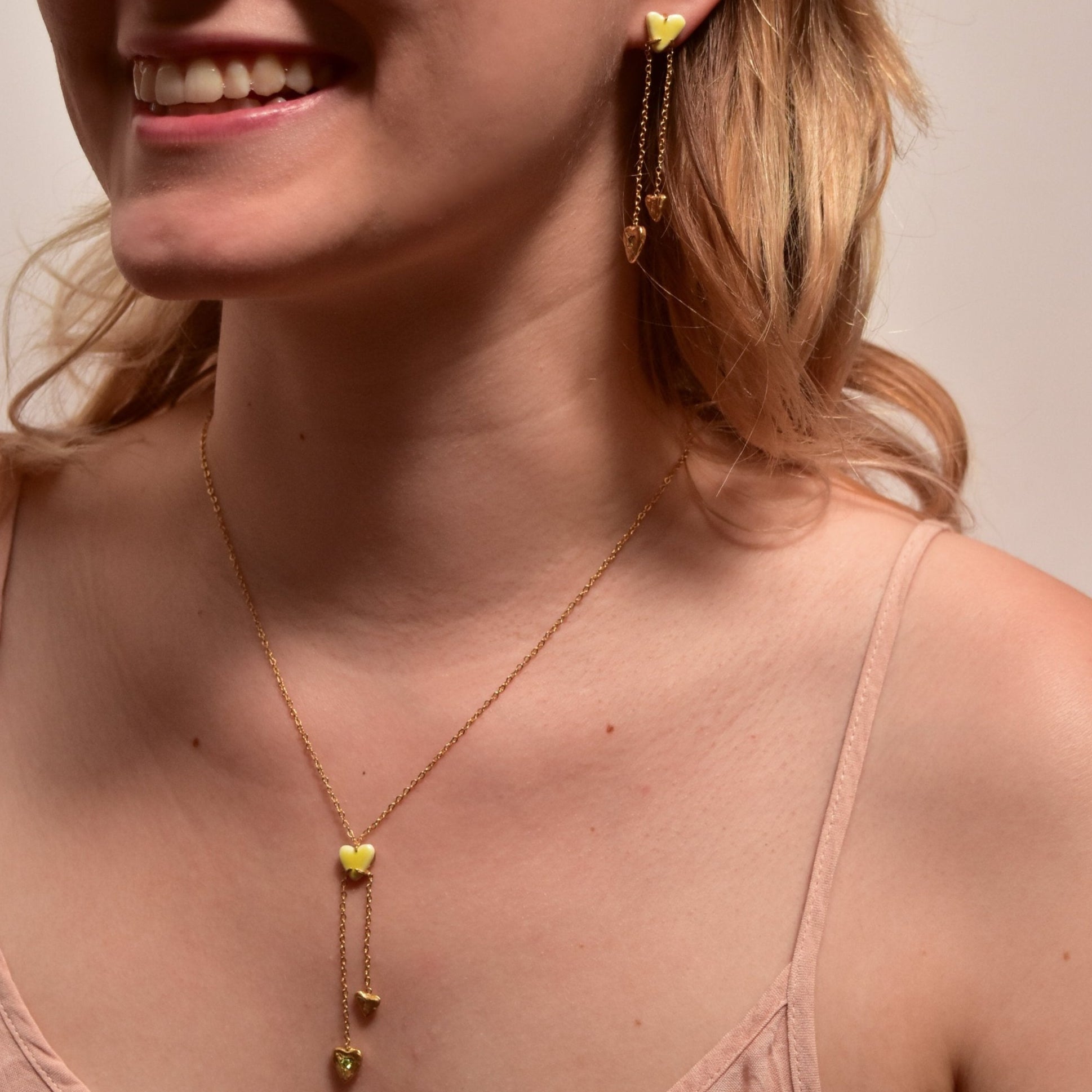 organic long chain earring love gold yellow porcelain dangling