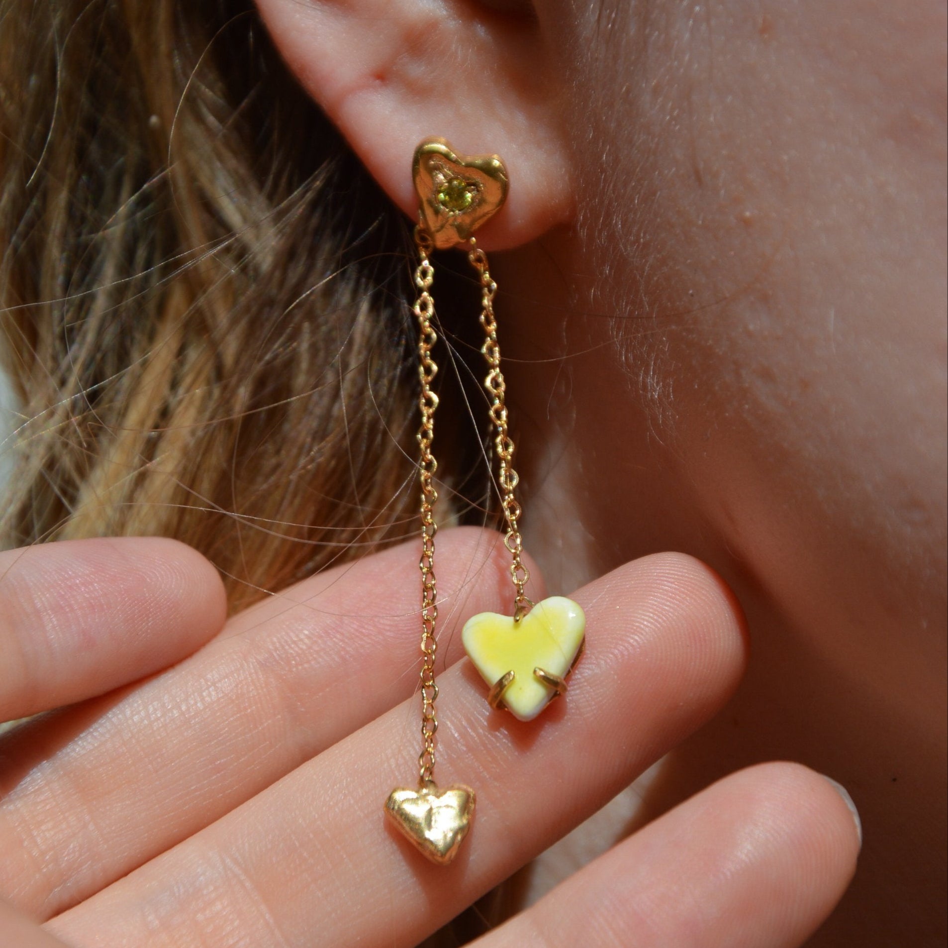 organic long chain earring gold porcelain heart yellow dangling