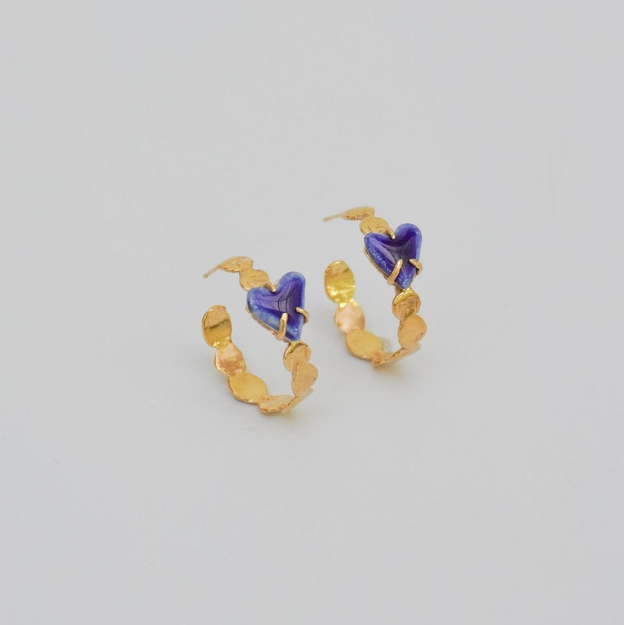 organic gold earring love round heart porcelain stone blue