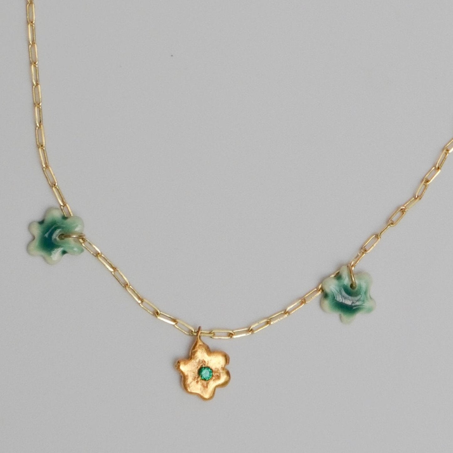organic multi pendant necklace kindness flower green stone porcelain