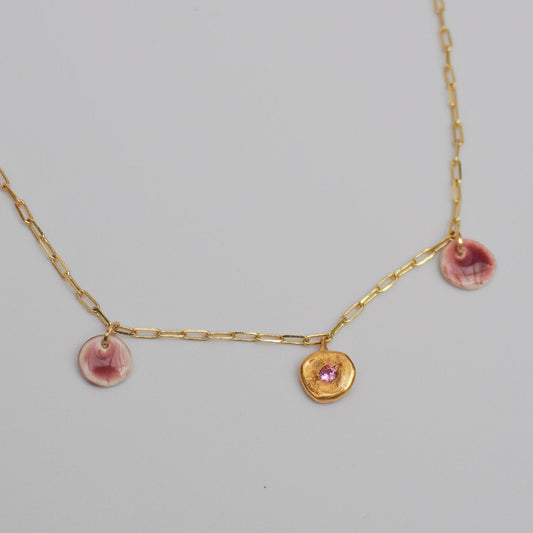organic multi pendant necklace gold round simplicity stone red porcelain