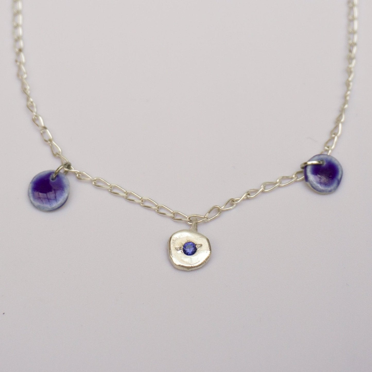organic multi pendant necklace silver simplicity round porcelain stone blue