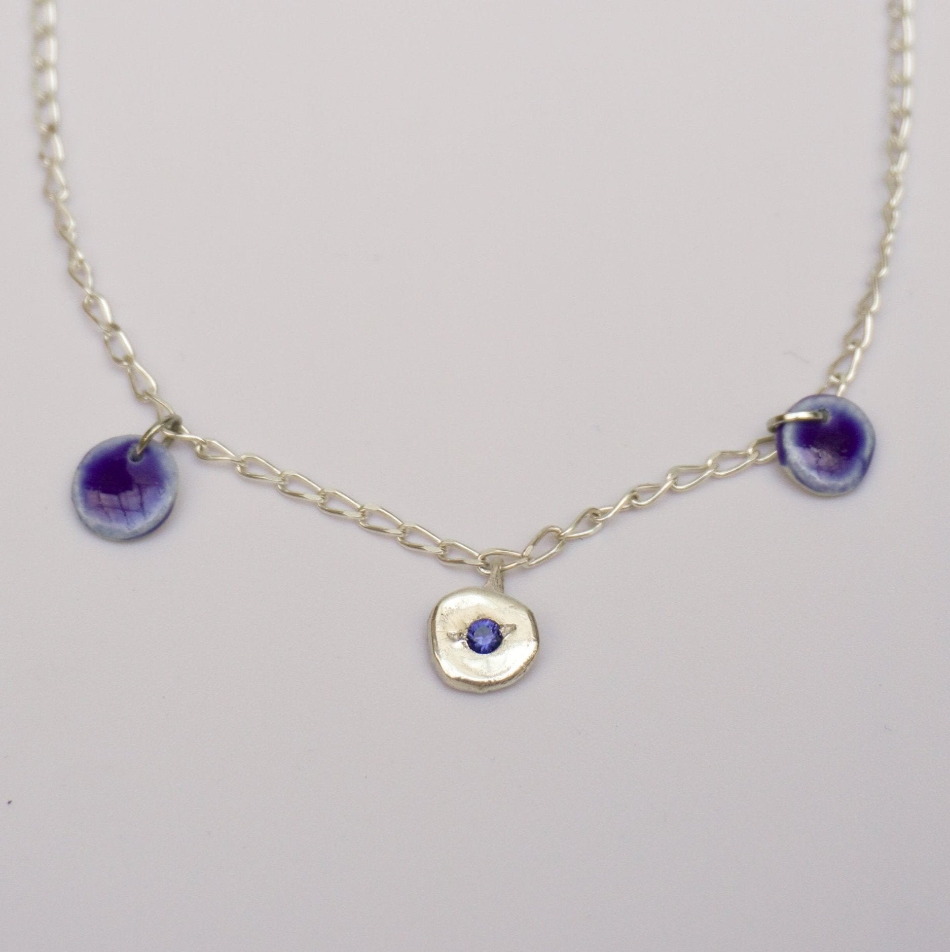 organic multi pendant necklace silver simplicity round porcelain stone blue