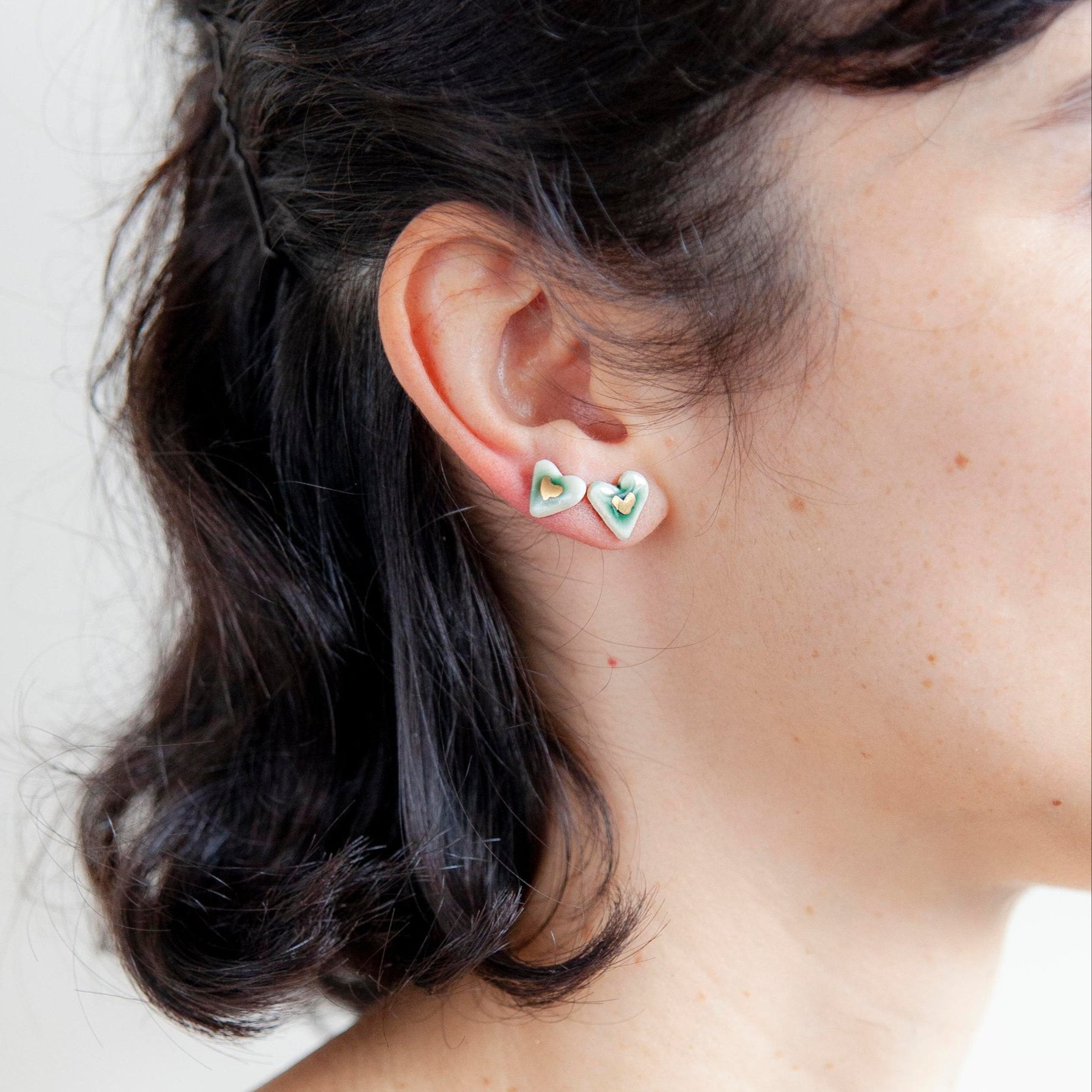 organic porcelain stud earring love heart green luster detail gold