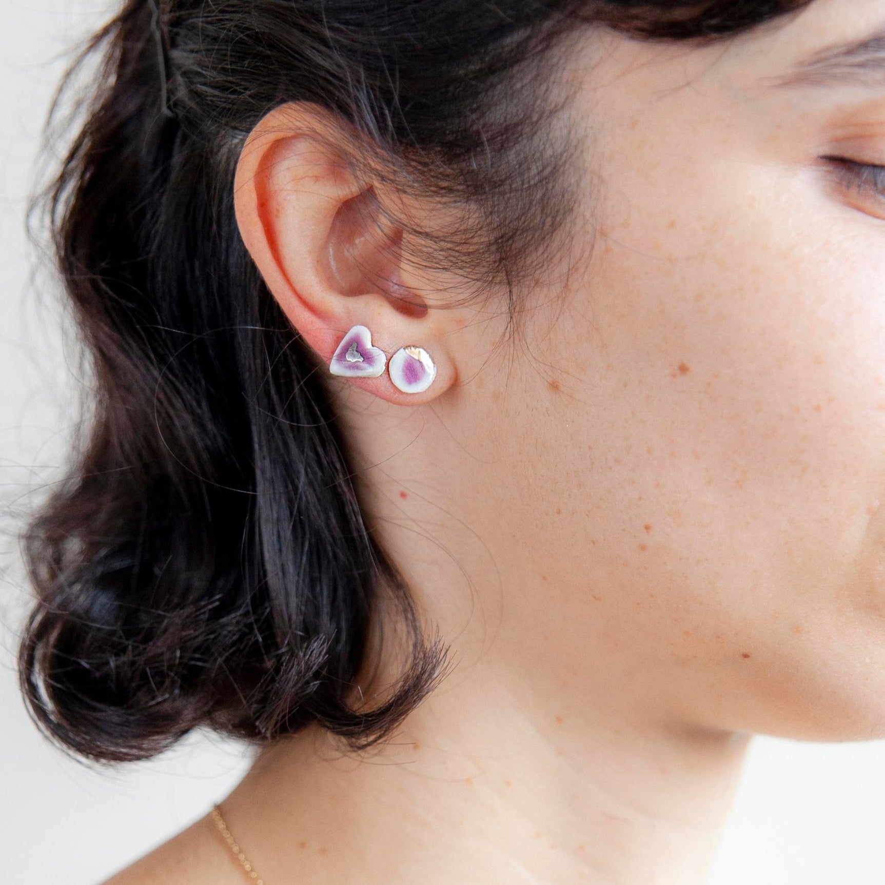 organic porcelain stud earring love simplicity heart round lilac luster detail