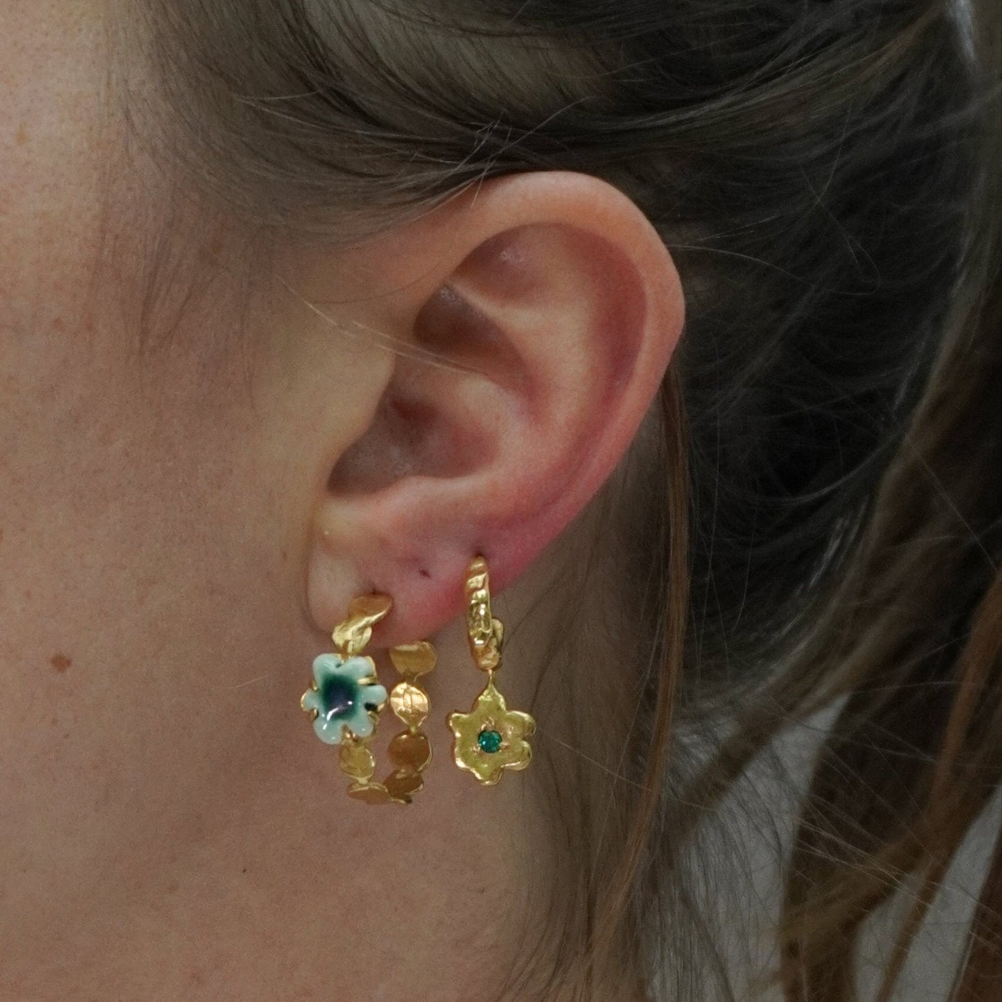 organic gold earring round flower porcelain stone green pendant hoop
