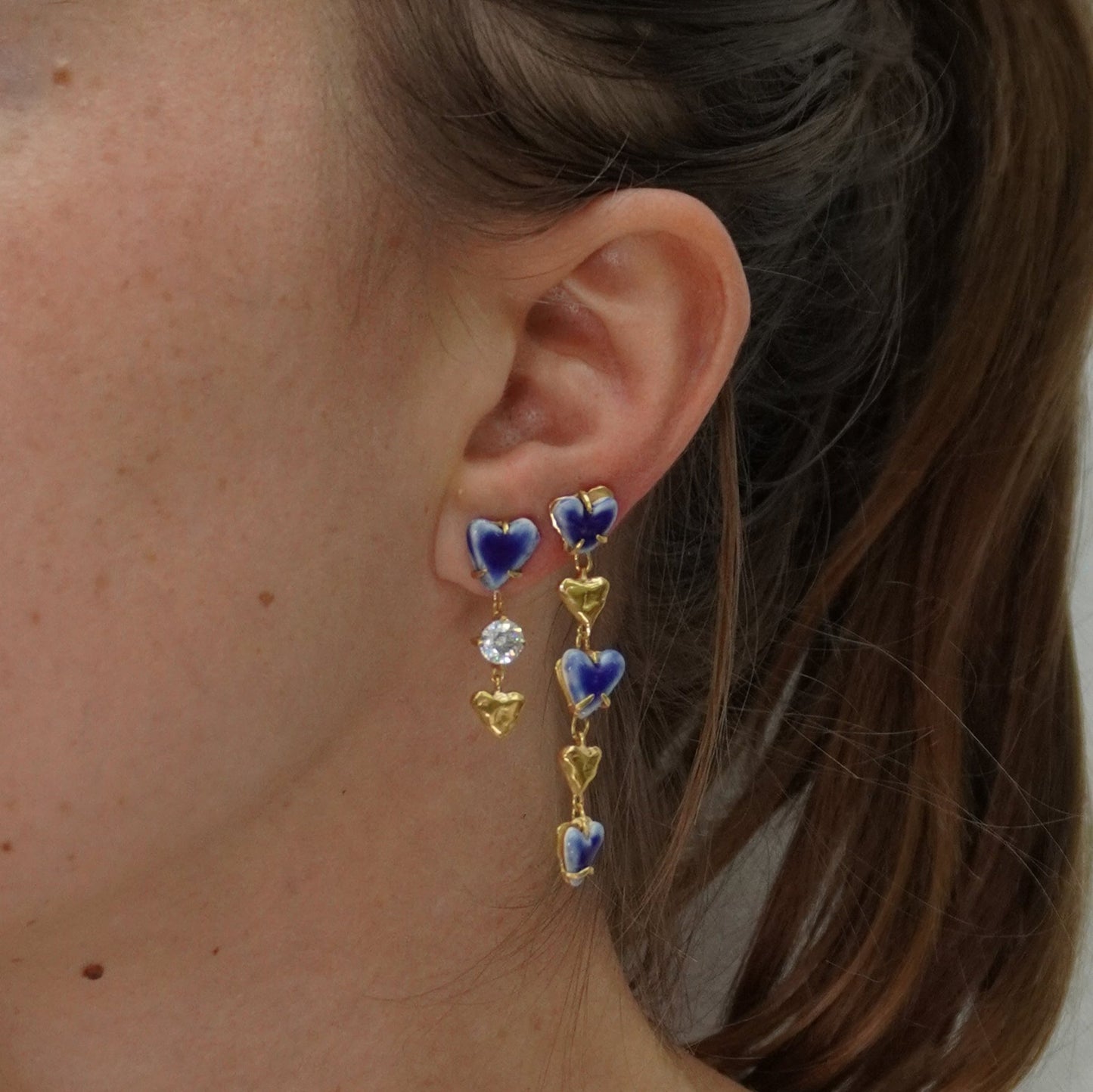 organic gold earring trio dangle earring heart stone blue love stud dangling pendant