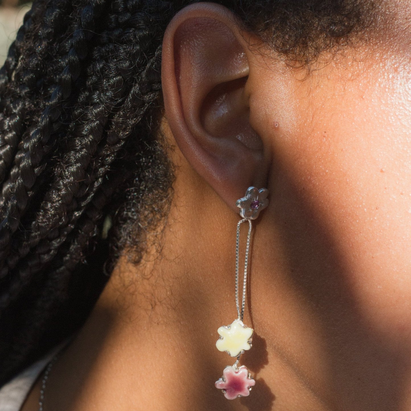 organic venetian chain kindness porcelain earring silver flower stone
