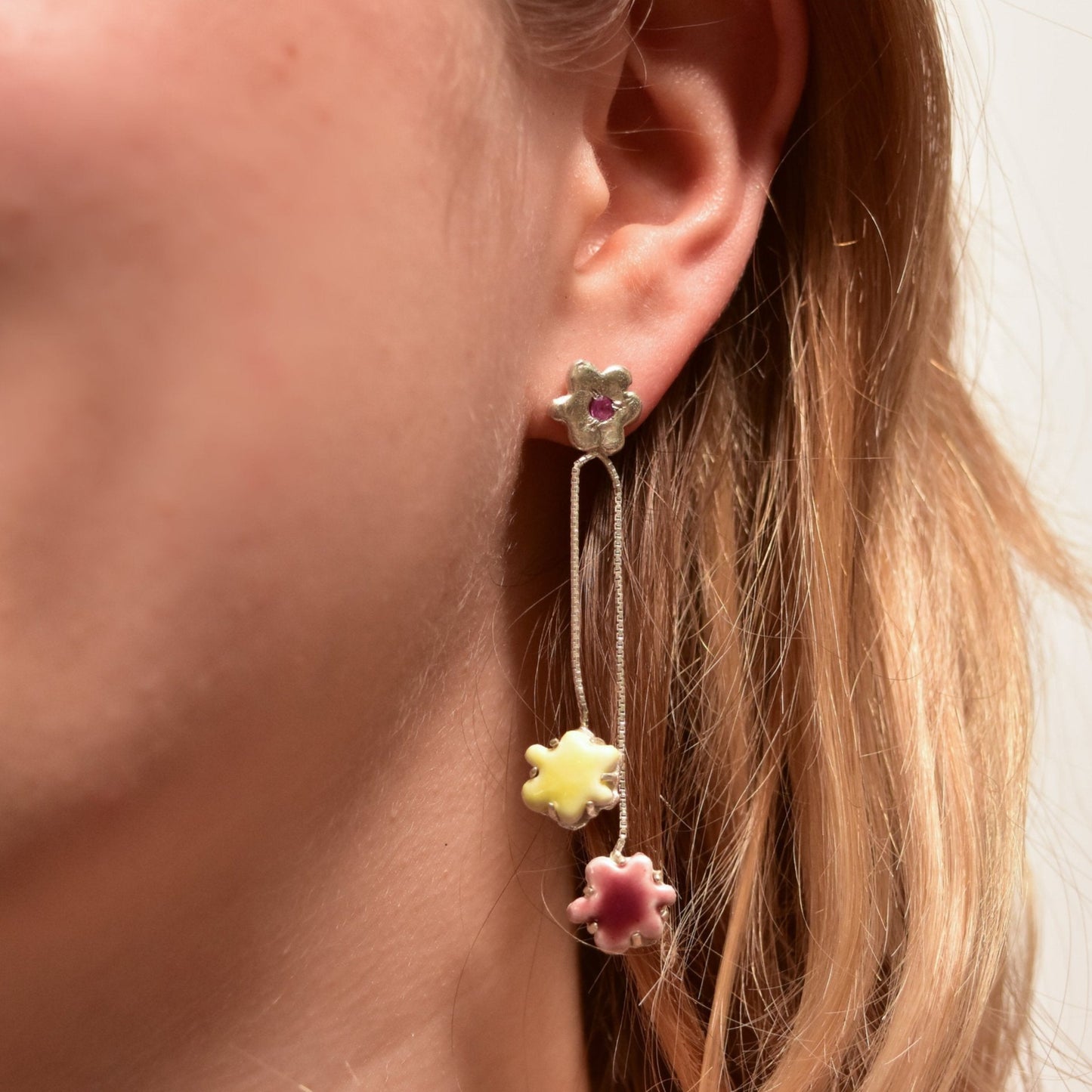 organic venetian chain kindness porcelain earring silver flower stone yellow red