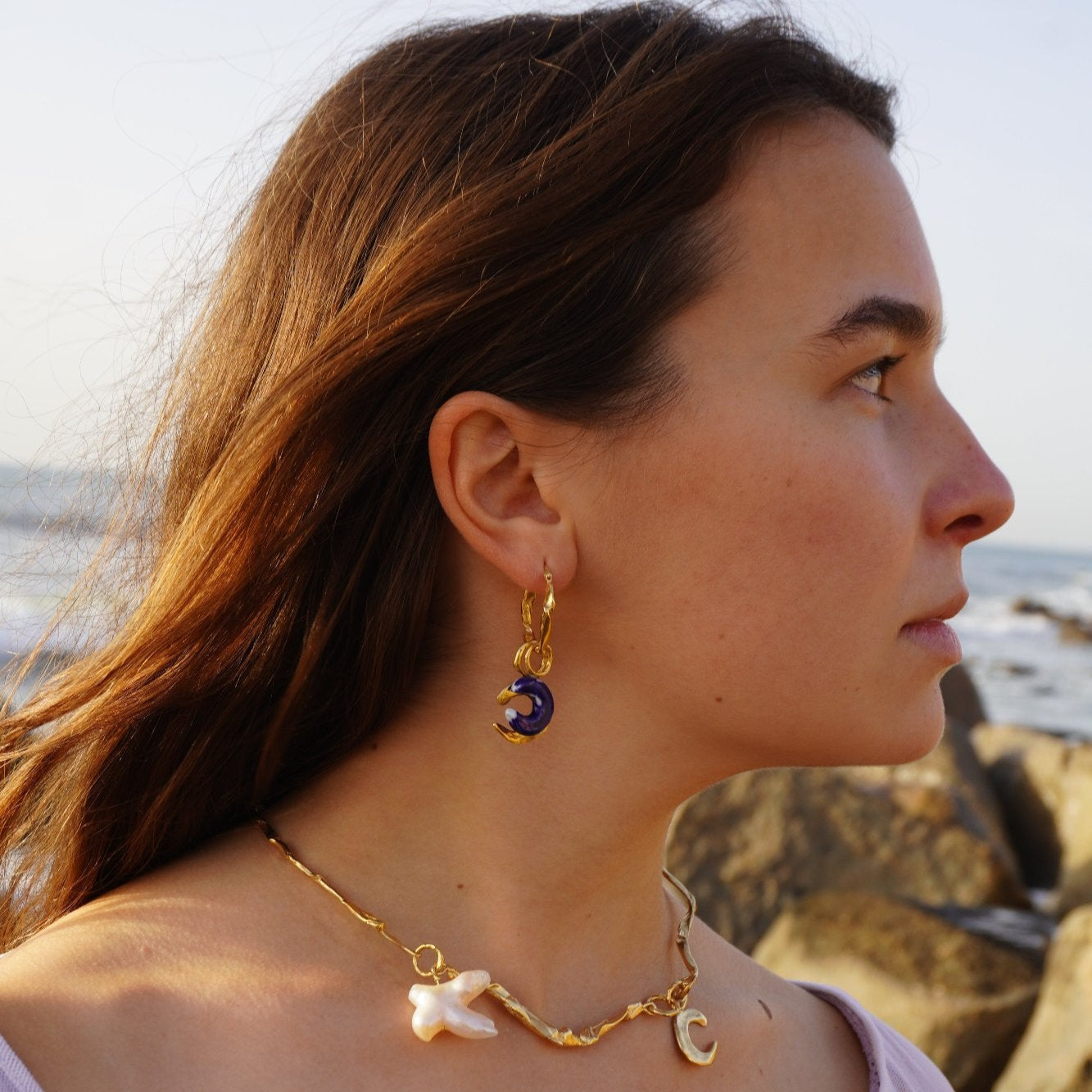 Organic Note e maree big hoop earrings gold-plated with blue moon and gold metal pendants