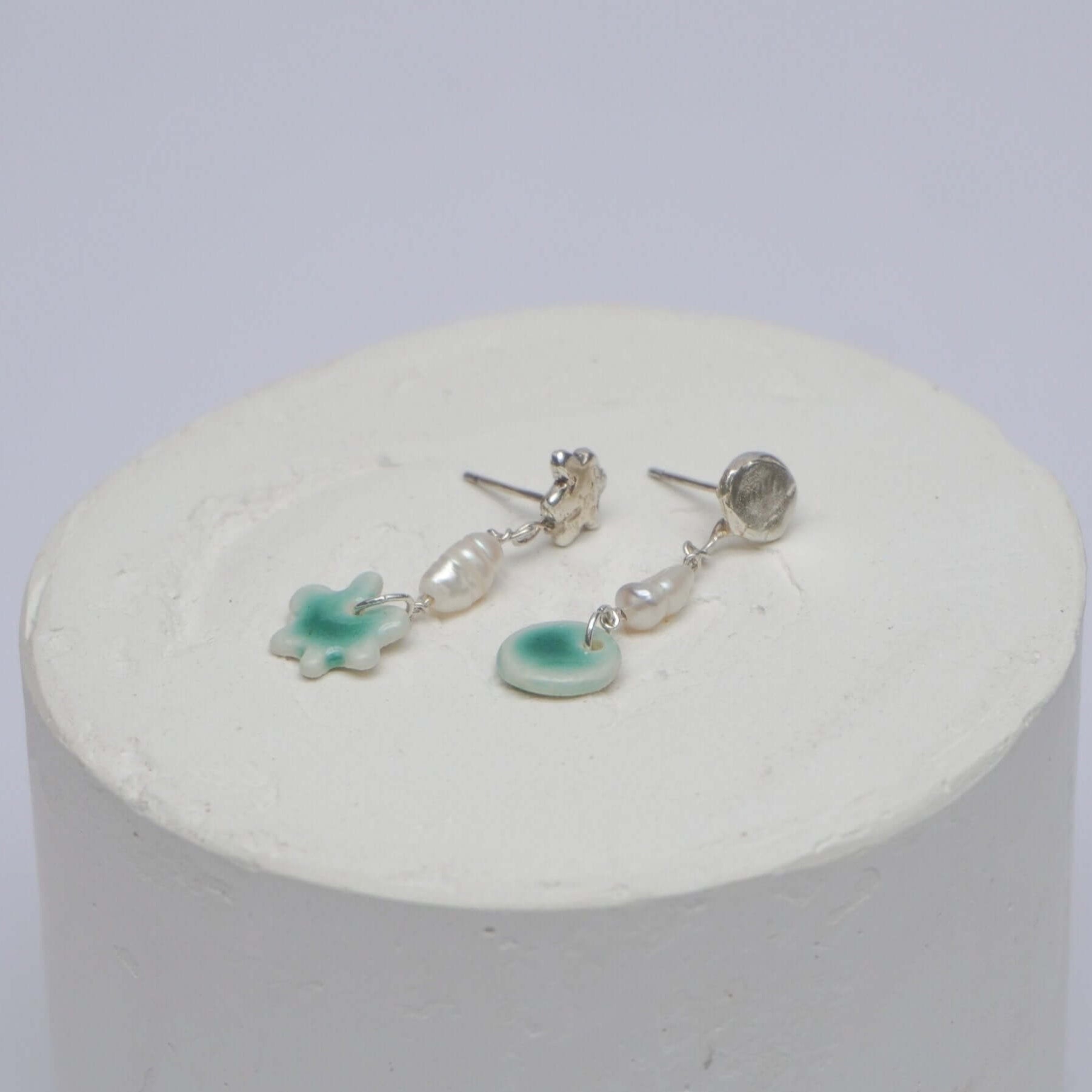 Silver stud drop earrings with natural pearls and porcelain green pendants, kindness and simplicity
